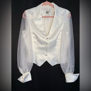 Adrianna Papell Evening Essentials White Satin Blouse with Sheer Sleeves Size 8